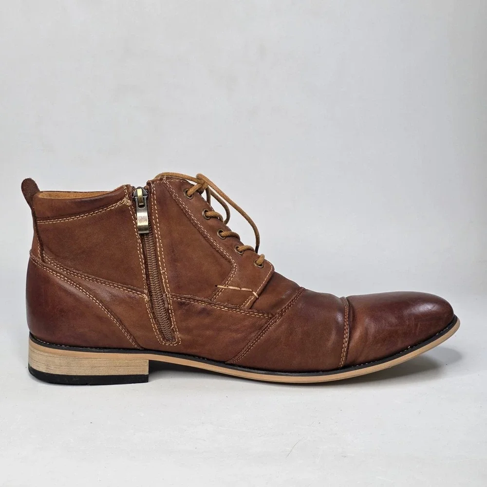 Kunsto Boots Men's Size 12 Tan Leather Cap Toe Side Zip Arch Support Shoes